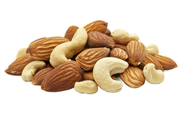 Mixed nuts displayed on a white background
