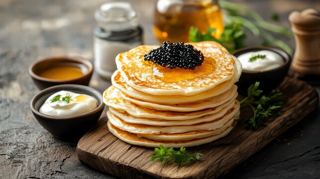 Indulgent Pancakes with Caviar: A stack of golden pancakes topped with luxurious caviar and honey, surrounded by an array of exquisite accompaniments, creating a feast for the senses.