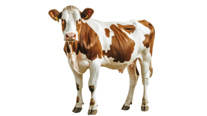 Brown and white cow standing on a white background