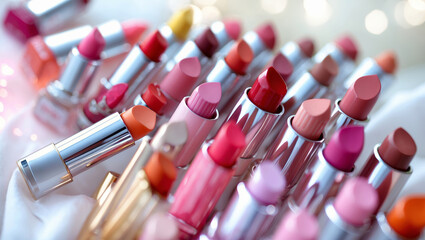 Various shades of lipsticks arranged in a colorful display at a beauty fair during daytime
