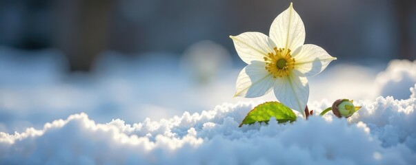 A single cream-colored hellebore flower blooms in the midst of a blanket of snow, frosty, cold climate, hellebore