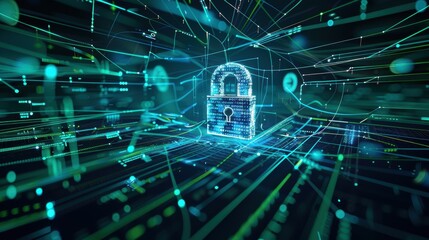 High-Tech Digital Security Featuring Glowing Padlock with Encrypted Data Network Design