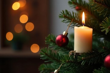 Candle clip holds a burning candle on a decorated Christmas tree, lighting, christmas tree, ambiance