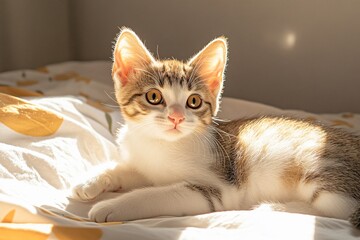 A cat is laying on a bed with its eyes open. The cat is looking at the camera