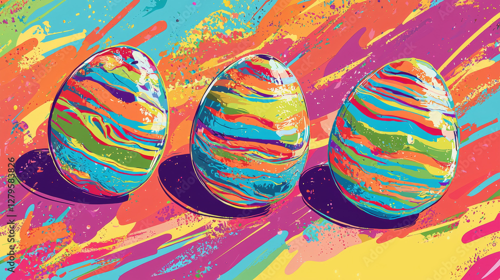 Poster pop art illustration of colorful easter eggs with vibrant patterns and abstract background. concept 