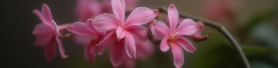 Fototapeta premium Delicate pink petals unfolding on an epidendrum orchid stem, epiphyte flowers, botanicals