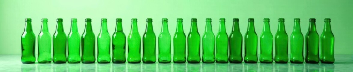 Empty green glass bottles stacked horizontally on the ground, simple, green glass
