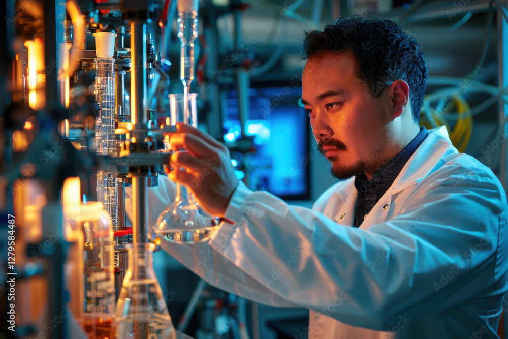 Poster scientist performing chemical experiment in high-tech laboratory setting