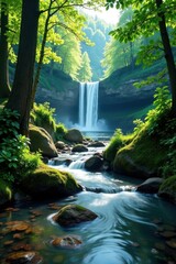 Obraz premium gentle stream flows through forest near waterfall and lake, waterfall, calm