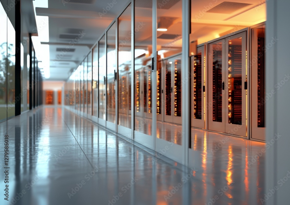 Poster rows of blade servers are situated in a data center, as depicted in a 3d rendering image