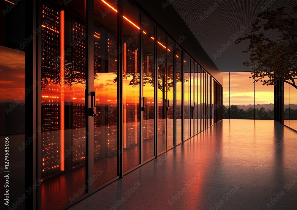 Poster a data center features rows of blade server systems, shown in a 3d rendered image