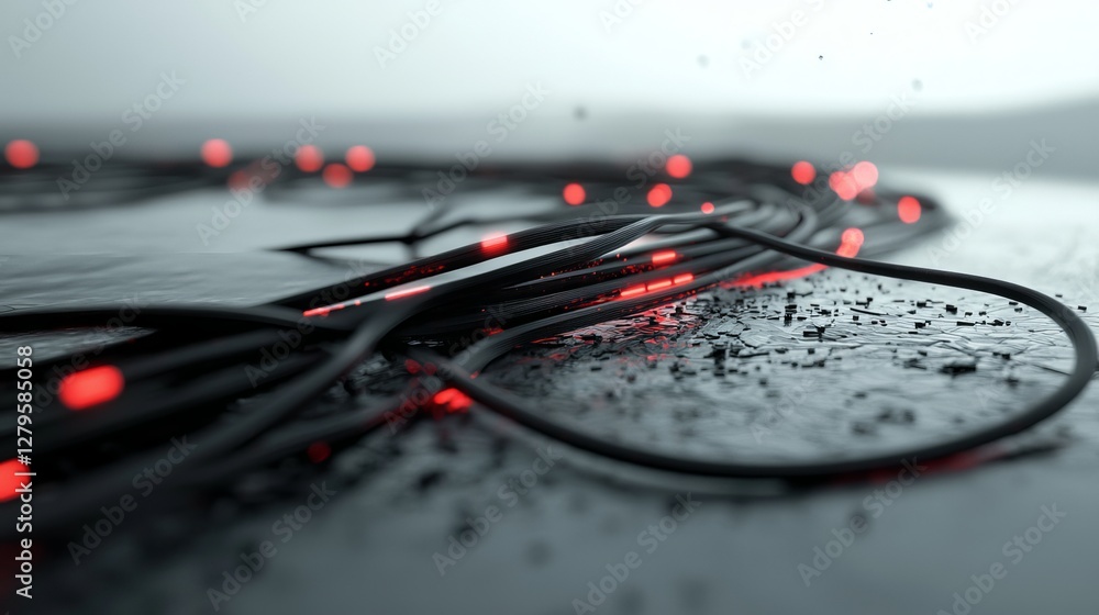 Poster a network server is depicted with lights and connections in a 3d rendering
