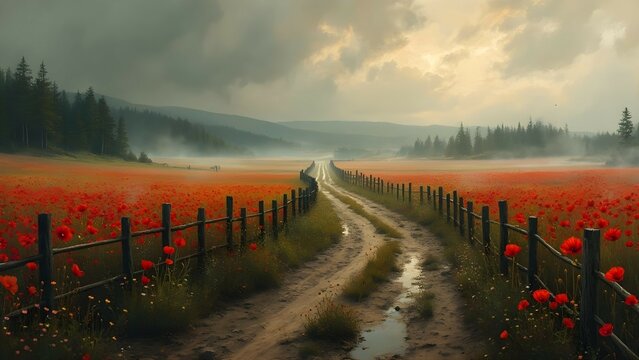 Poppy field along rainy dirt road