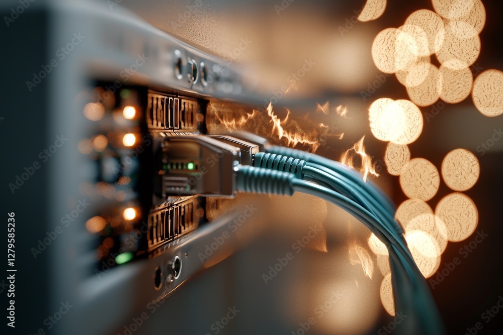 Poster network connection and internet communication hardware are shown in a closeup view, featuring a netw