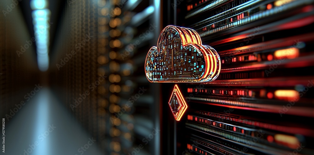 Poster a blue cloud icon is depicted in a 3d rendering of a server room data center