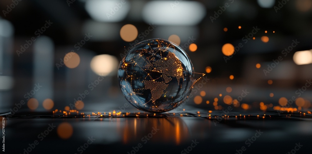Poster the earth network is depicted flying over a data center server room in a 3d rendering