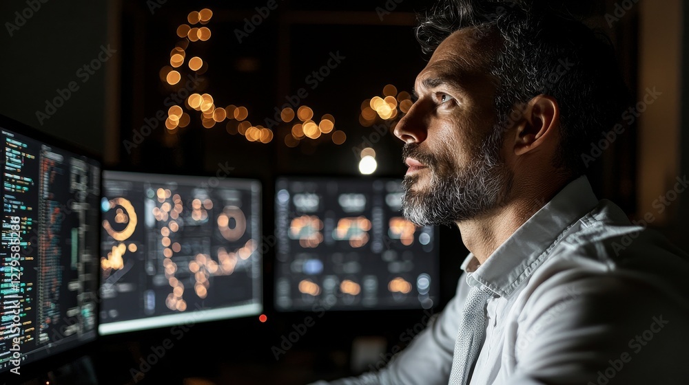 Poster in a monitoring room filled with multiple displays, a professional technical controller works with c