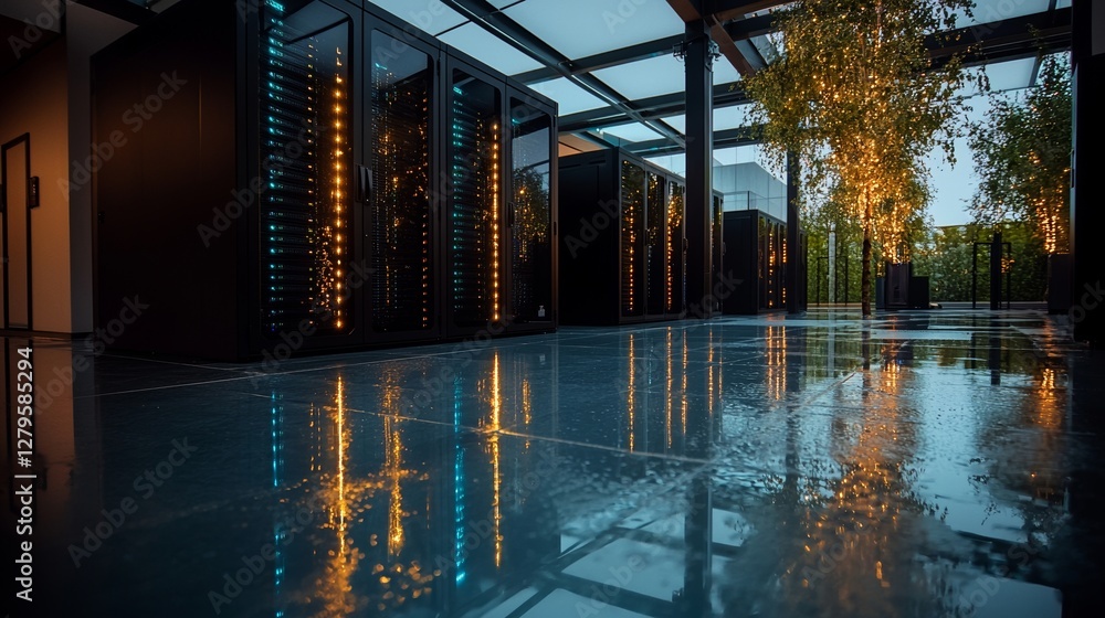 Poster a large working data center is shown in this photo, featuring a corridor lined with rack servers and