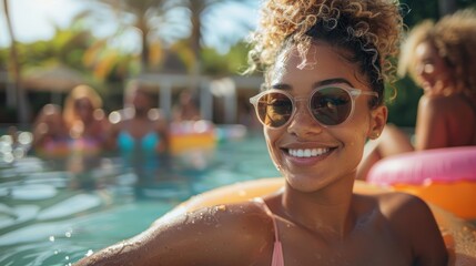 Happy young woman in swimming pool with friends.  Relaxation, fun, and summer joy.