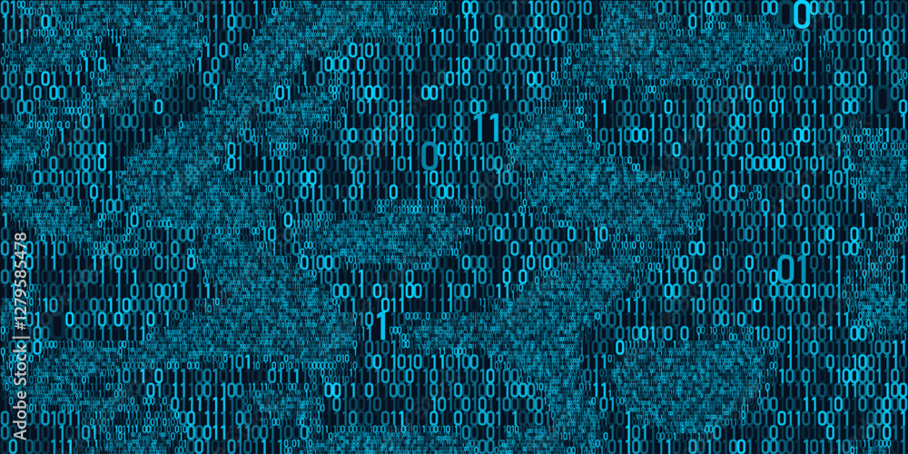 Poster Abstract binary code cloud background. AI learning on data cyber field. Futuristic digital technology.