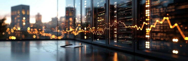 Management and monitoring systems oversee data centers and connectivity lines set against the backdrop of a city at night, embodying the smart city concept