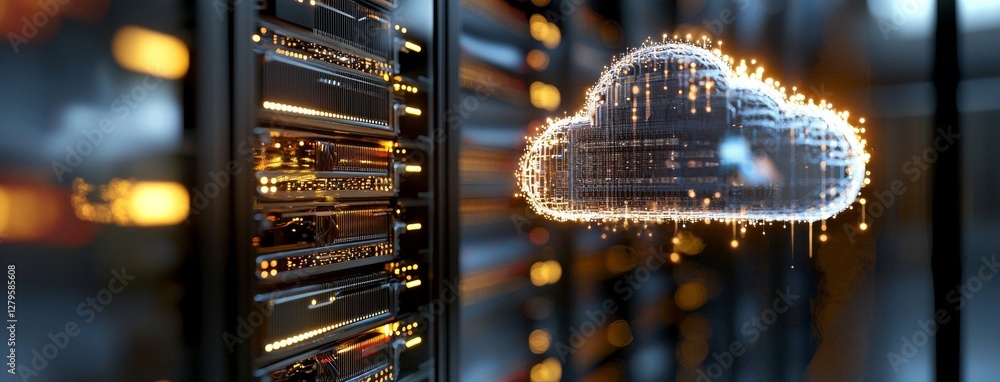 Poster a room in an internet data center containing servers and networking devices mounted on rack cabinets