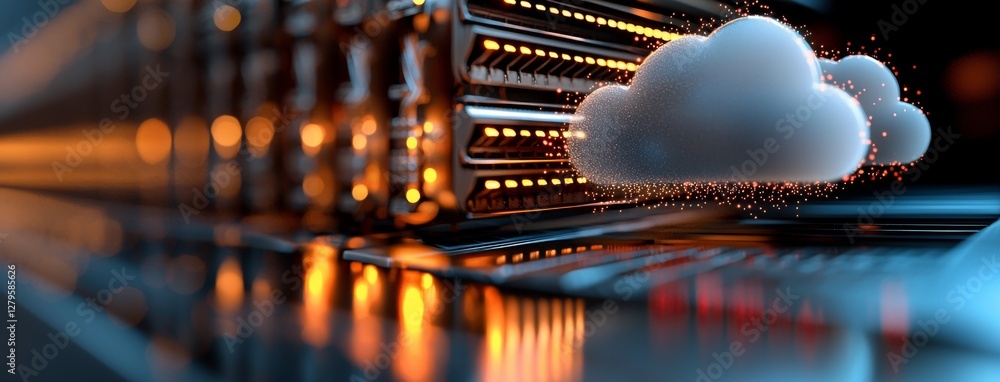 Poster the concept of cloud computing is depicted in an internet data center room filled with servers and n