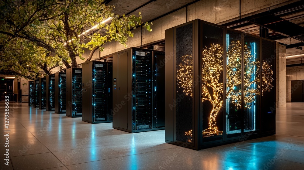 Poster a working data center is shown with rows of rack servers connected by lan connection visualization l