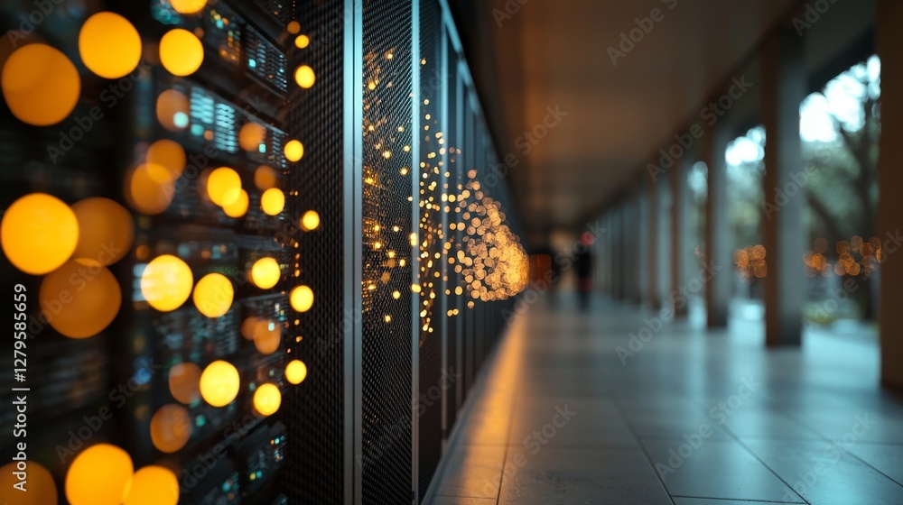 Poster rows of rack servers in a working data center are connected with ethernet connection visualization l
