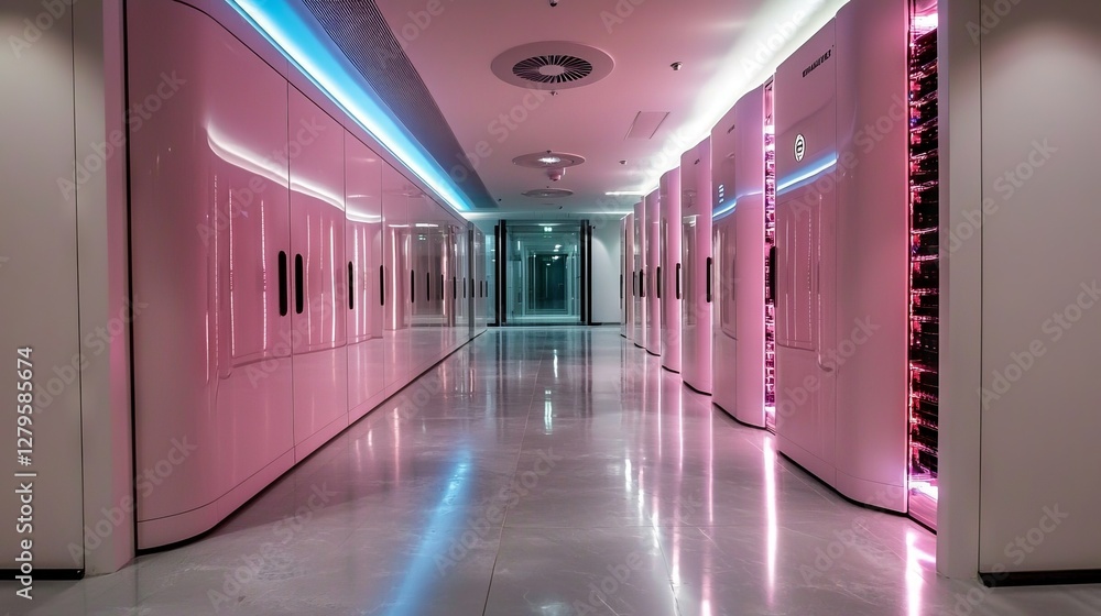 Poster rows of rack servers in a working data center are connected with lines visualizing lan connections