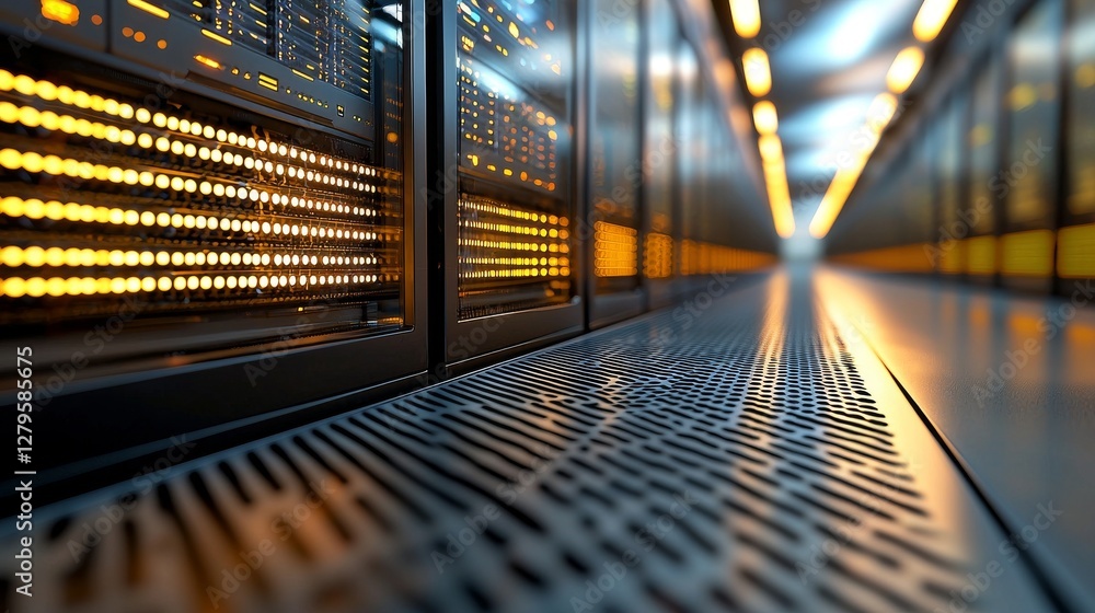 Poster a working data center is shown with rows of rack servers connected by ethernet connection visualizat