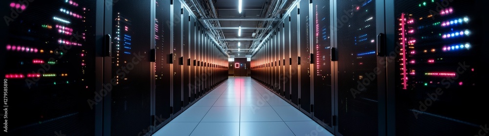 Poster the scene depicts a data center at work, with rack servers lined up in rows, red led emergency light