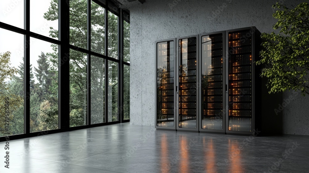 Poster the server room data center features one server rack placed against the wall, shown in a 3d rendered