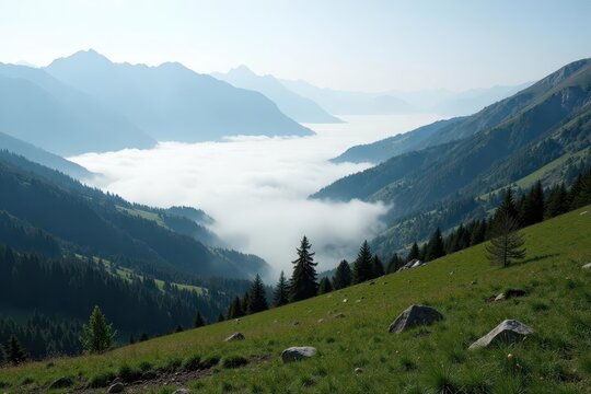 Mountainous terrain with misty fog rolling in, fog, landscape