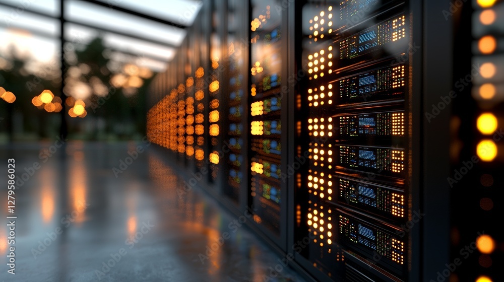 Poster a modern telecommunications setting featuring a dark data center with numerous rows of fully operati