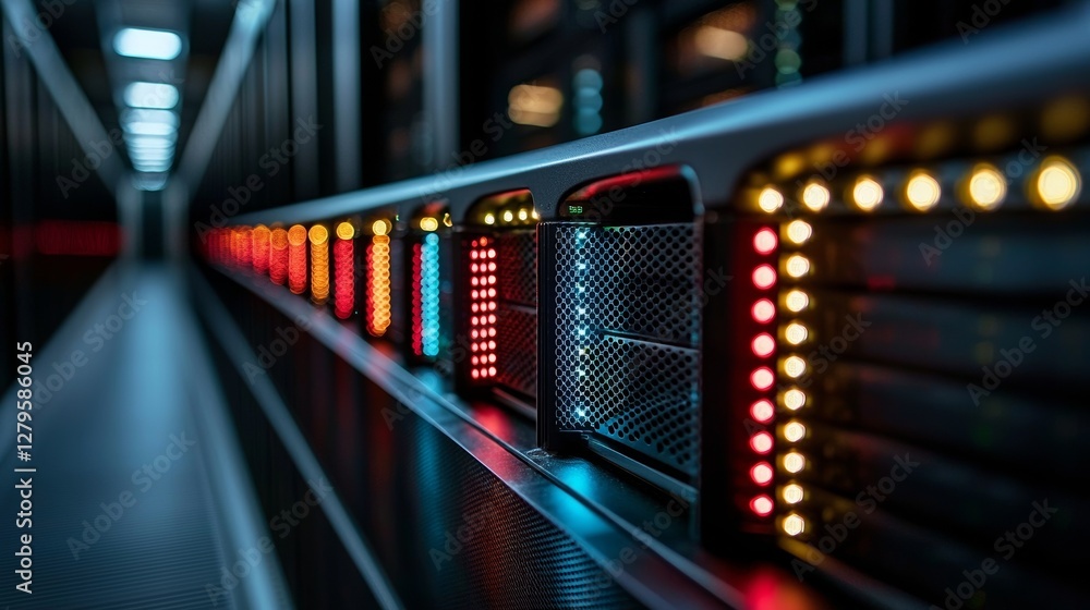 Poster the image depicts a modern data center with multiple rows of operational server racks, emphasizing t