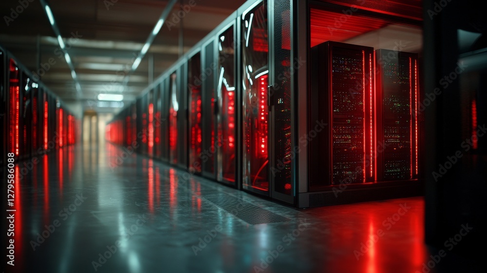 Poster the image features a modern data center with multiple rows of operational server racks, highlighting