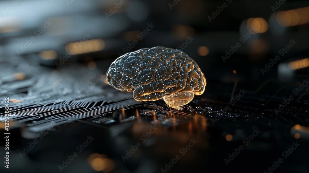 Poster the concept of stock hardware is visually represented through a 3d rendering of a glowing blue brain