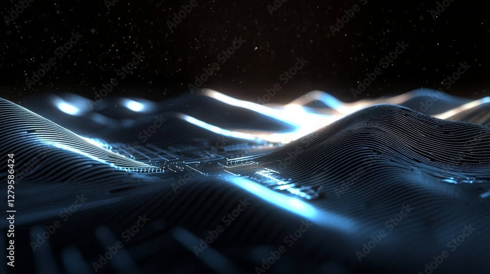 Aufkleber A 3D rendering of digital binary data on a microchip is set against a glowing circuit board background, symbolizing deep machine learning, cryptocurrency, and high-tech products, as well as big data