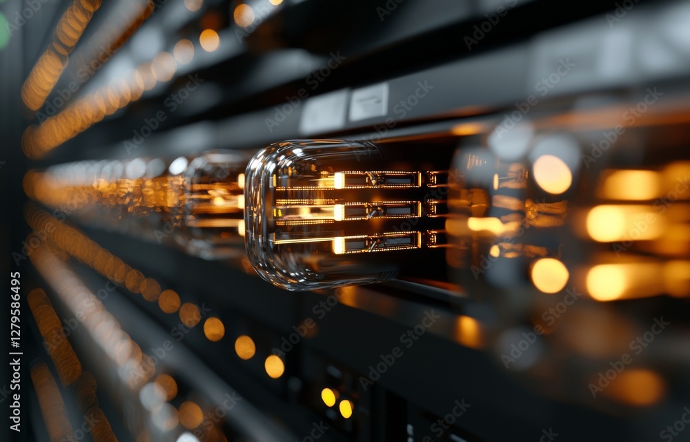 Poster the room of a dark server center is shown in a 3d rendering with computers and storage systems
