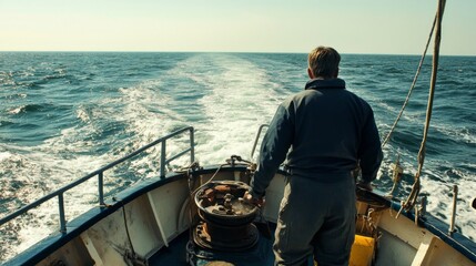 Fisherman steering boat on open sea