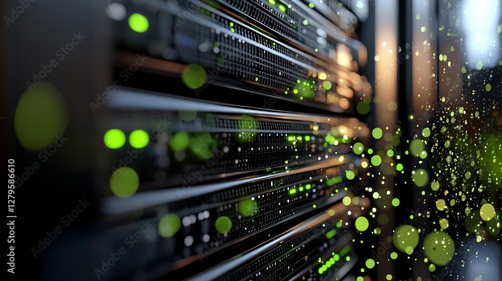 Poster a camera moves slowly through a data center, capturing server equipment with blinking lights, in a c