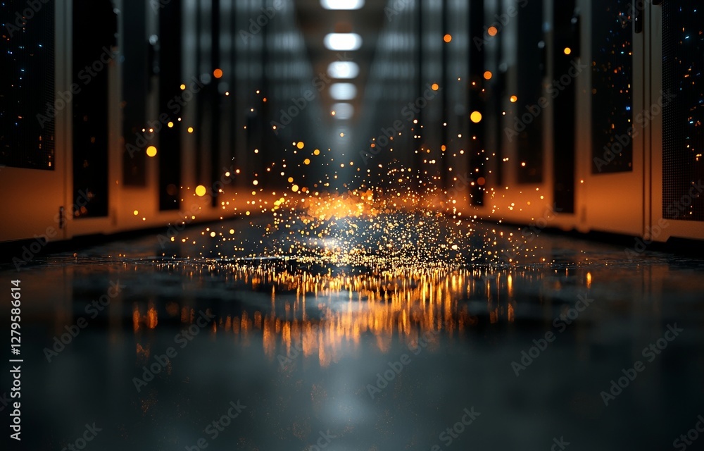 Poster the data center room is filled with servers and features a corridor with bright bokeh light in a 3d 
