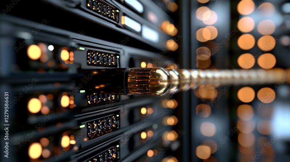 Poster a photorealistic 3d render animation shows a camera moving in a data center along the racks with ser