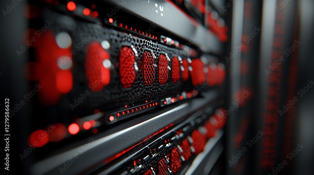 Aufkleber the camera moves through a data center, capturing a close-up view of server equipment racks in a sea