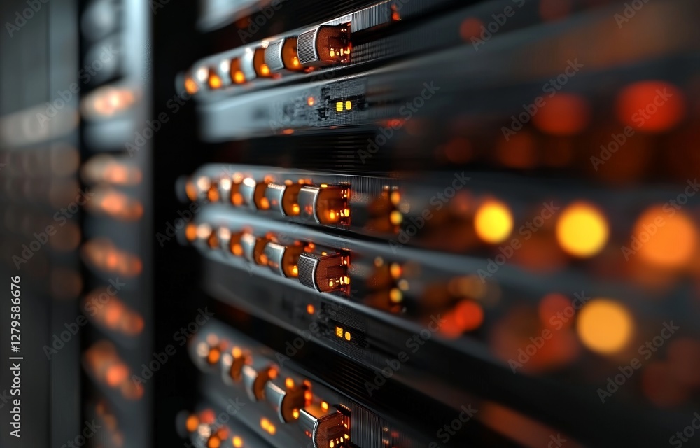 Poster a 3d rendering depicts a dark server center room equipped with computers and storage systems