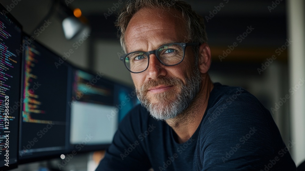 Poster in a data center, a portrait shows a smart and handsome it specialist smiling and wearing glasses, s