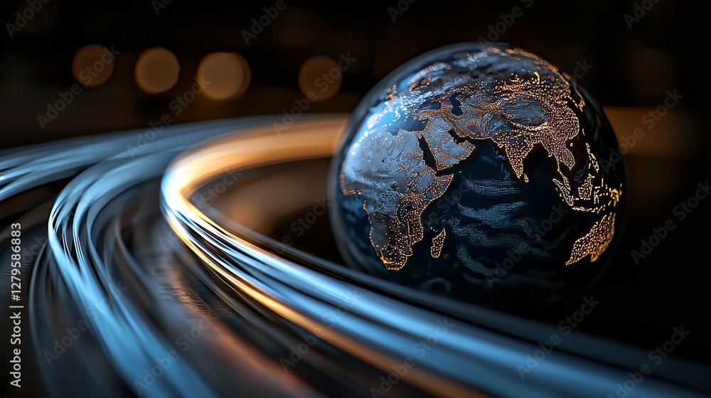 Poster a 3d rendering of the globe planet is depicted in digital dots and geometric form, surrounded by an 