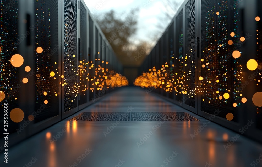 Poster the data center room is depicted in a 3d rendering with servers and bright lights speeding through t