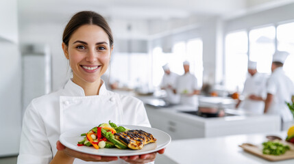 Smiling Chef Presenting a Gourmet Dish in a Professional Kitchen